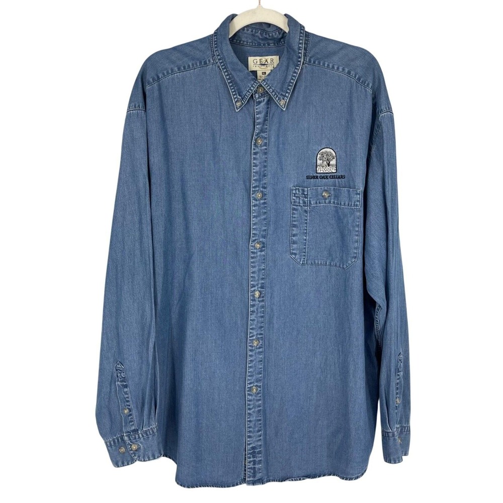 Silver Oak Cellars Shirt Mens XL Blue Chambray Long Sleeve Vtg Gear For Sports